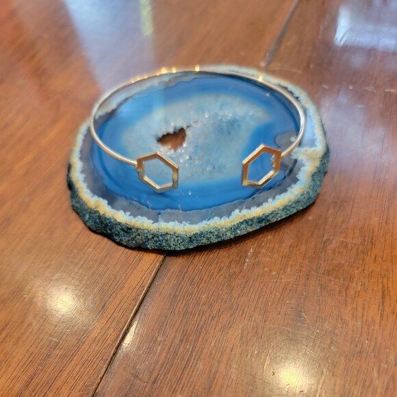 Open Cuff Gold Tone Metal Bracelet w Hexagonal Bookend - Picture 2 of 7